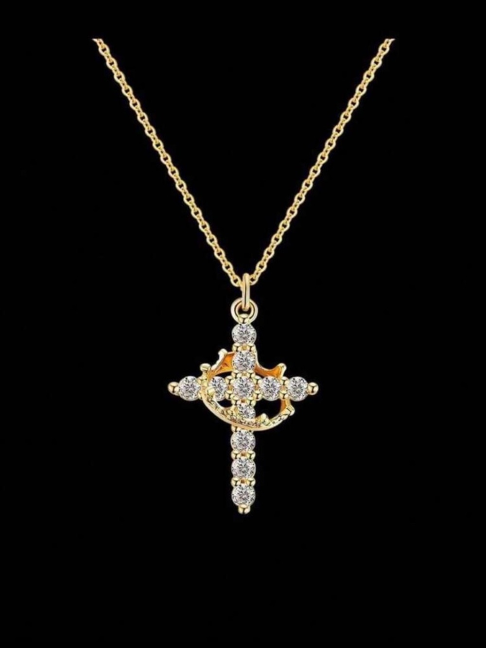 Gold-Tone Cross Pendant Necklace with Clear Crystal Accents